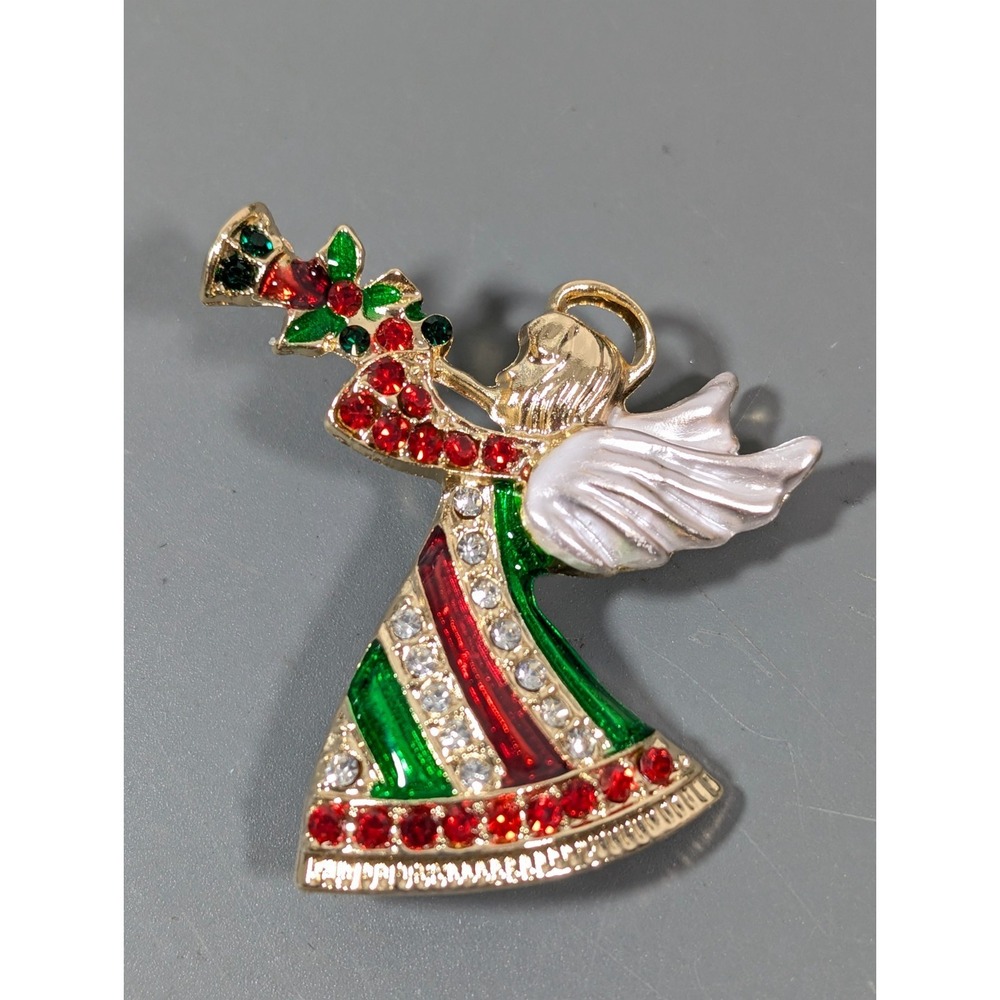 Christmas Angel Brooch Rhinestone Pave Red Green Sparkle Holiday